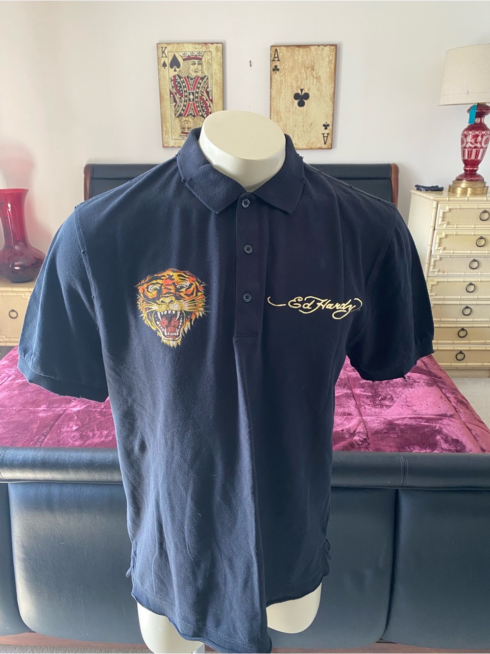 Ed Hardy Navy Polo with Embroidered Tiger and Gold Script